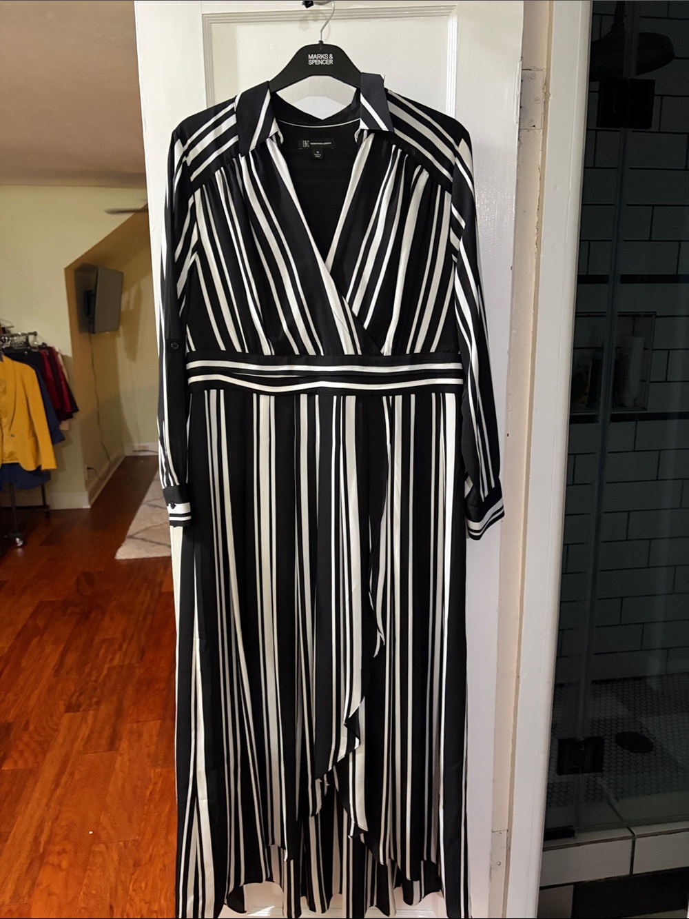 INC International Concepts Black and White Striped Long Sleeve Wrap Dress